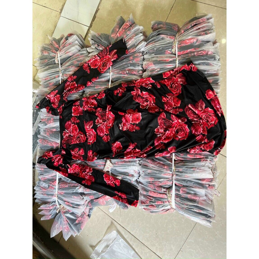 Đầm hoa ôm eo tôn dáng, đầm thun họa tiết hoa đỏ tôn dáng sang chảnh