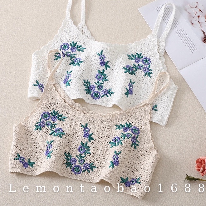 Áo 2 dây thêu hoa dệt kim croptop có thể mặc bên ngoài