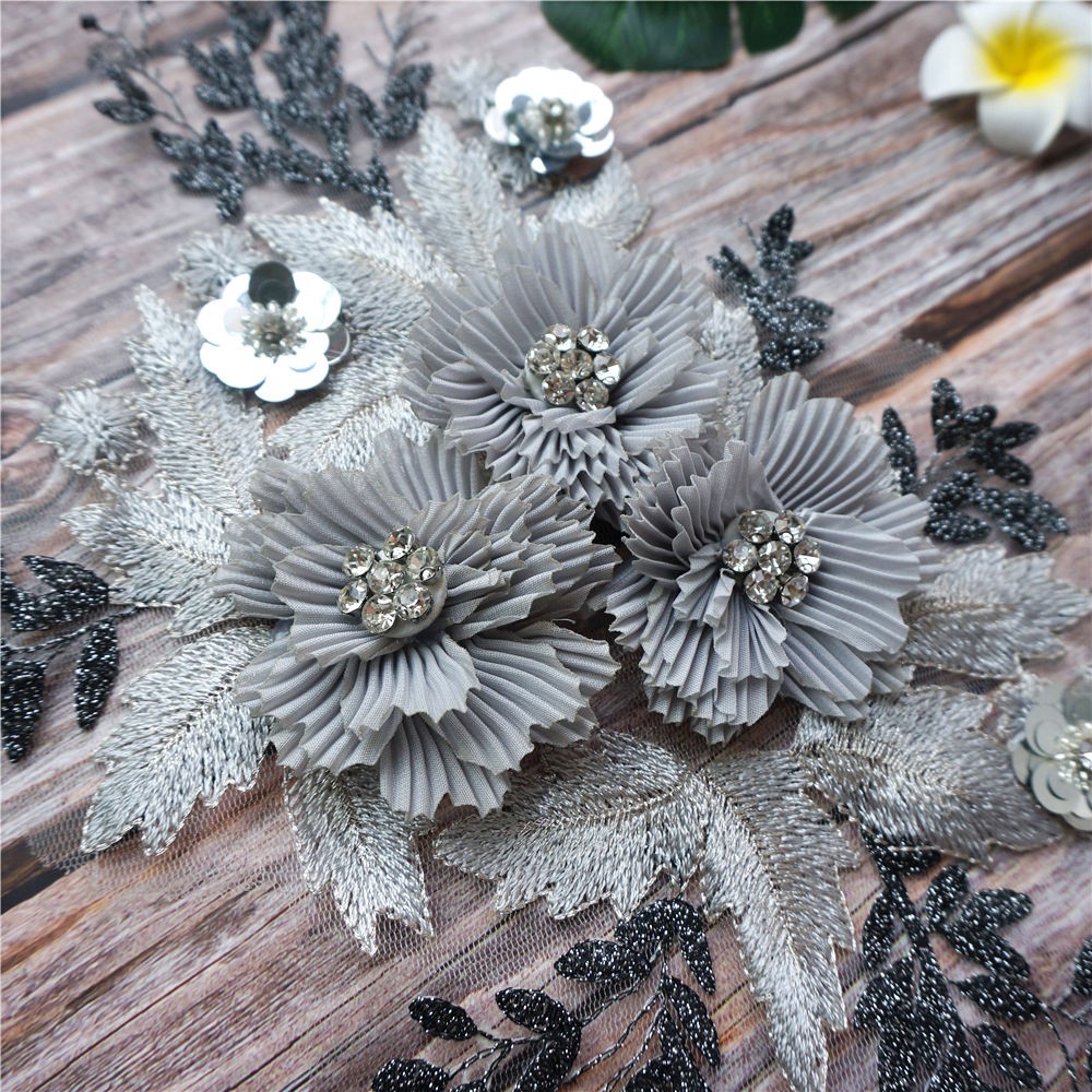 Vải Ren Thêu Hoa Đính Pha Lê Dùng May Cổ Áo Cưới diy