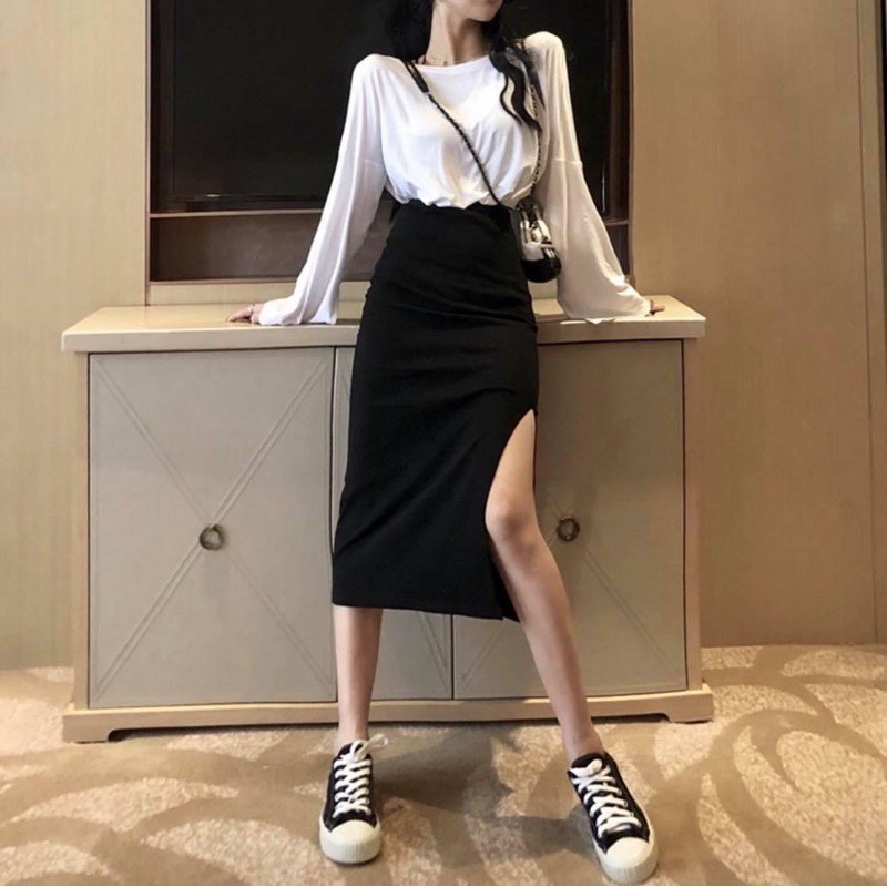 Chân váy midi dài xẻ tà ôm chuẩn form đen - Order taobao quảng châu