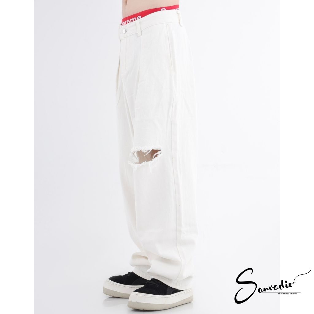 Quần jean ống rộng nam SANVADIO quần bò nam dáng suông rách gối cá tính - hip hop thời trang Hàn Quốc QD338