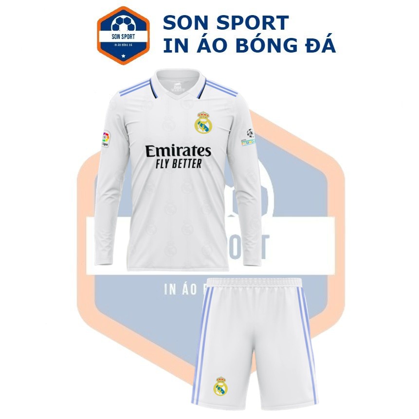 Bộ Quần Áo Bóng Đá Dài Tay CLB Real Madrid Trắng Cổ Bẻ