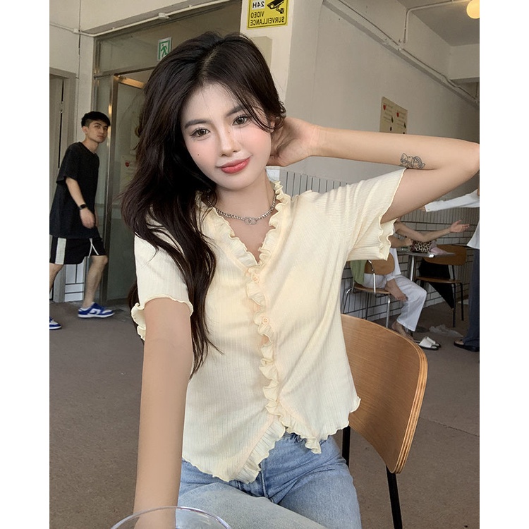 áo croptop ngắn tay áo sơ mi cổ chữ v thời trang dành cho nữ
