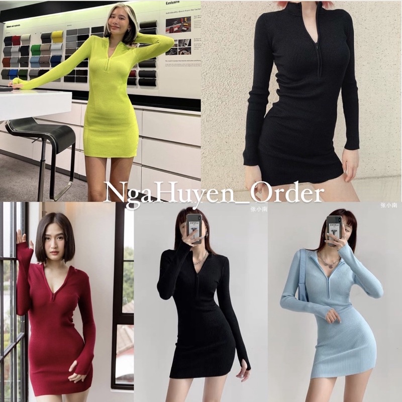 Váy Body khoá kéo cổ tay dài chất bo gân nhiều màu trendy