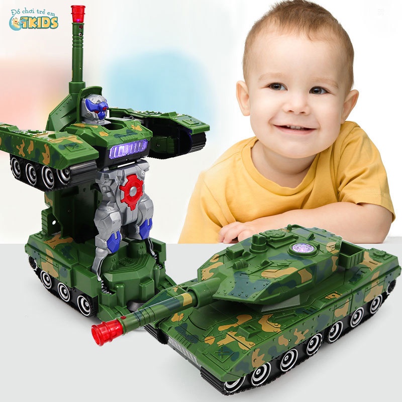 Xe Tăng Đồ Chơi, Xe Tăng Biến Hình Robot Tự Động Phát Nhạc, Đèn Lấp Lánh