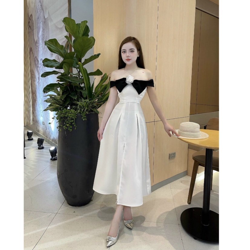 Đầm thiết kế, đầm tiểu thư trễ vai phối lơ dáng xòe xinh xắn