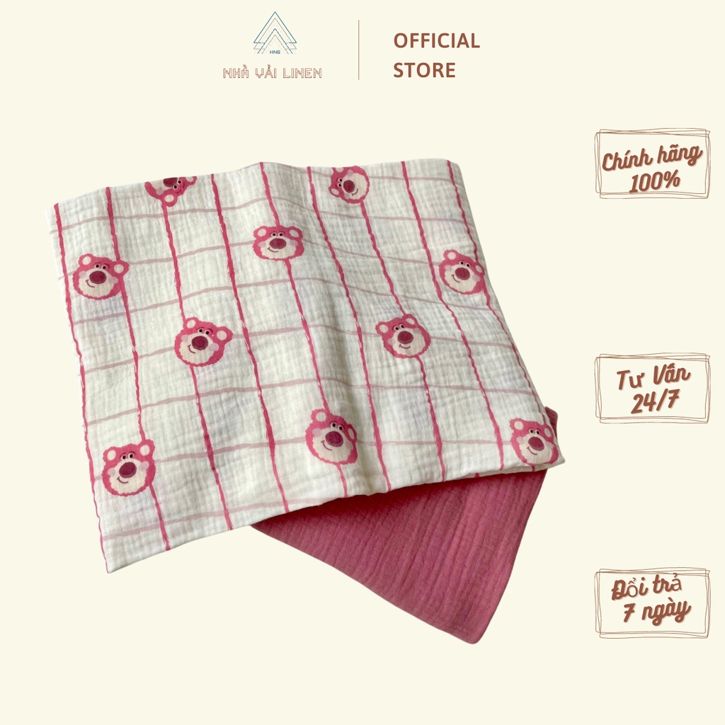 Vải họa tiết Muslin gấu dâu ô vuông - muslin hồng 88 Nhà Vải Linen