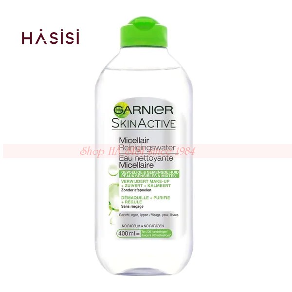 Nước Tẩy Trang cho Da nhờn Hỗn Hợp GARNIER SOLUTION MICELLAIRE 400ml (Nắp Xanh Lá)