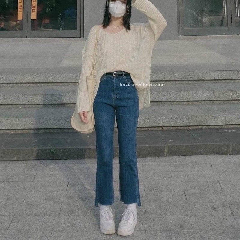 Quần Jeans Nữ Ống Đứng - Quần bò Nữ Ống Đứng Cạp Cao Co Dãn 4 Chiều Cắt Gấu Cực Đẹp