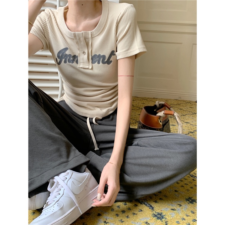 QKOOLE Áo thun  ngắn tay cổ tròn thời trang Hàn Quốc cho nữ