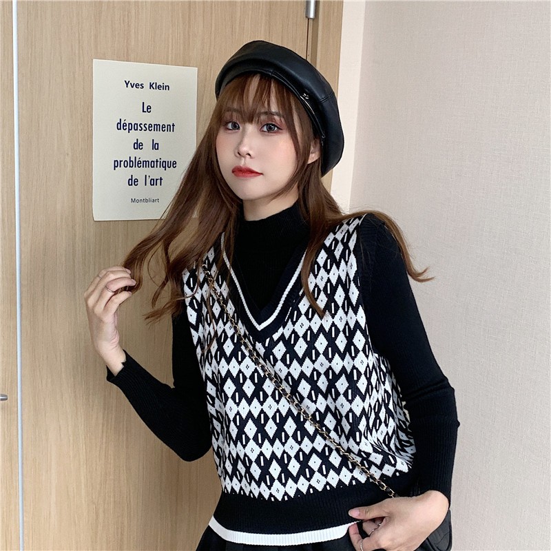 SUXI Áo Len Nữ Không Tay Cổ Chữ V Phong Cách Hàn Quốc