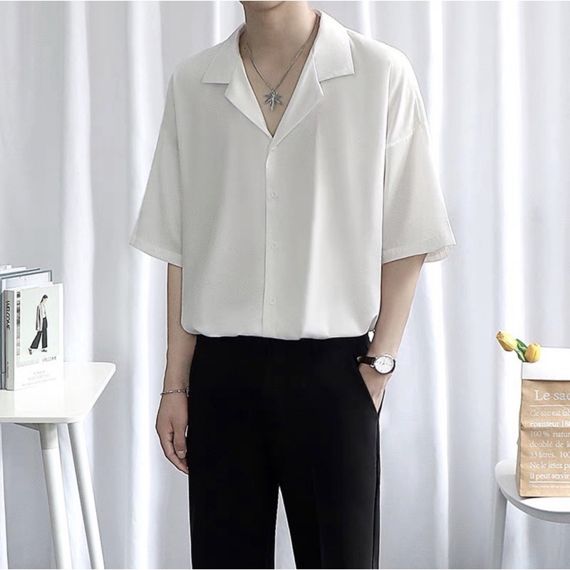 Áo SOMI TAY NGẮN Cổ Vest Vải Lụa Trắng Đen Nam Nữ Unisex