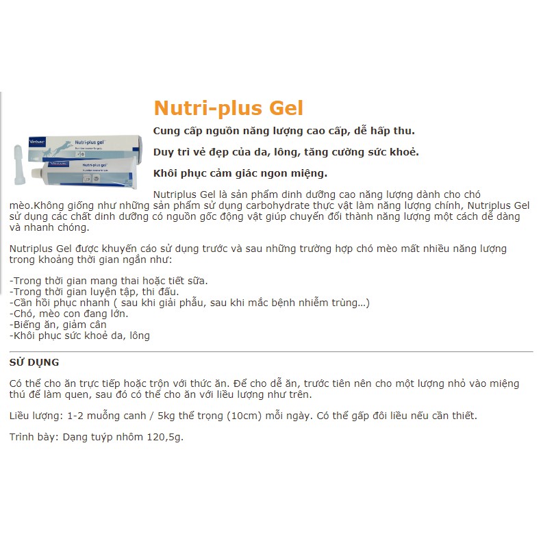 [GIAO HÀNG NHANH] Gel Dinh Dưỡng Cho Chó Mèo Bệnh, Biếng Ăn, Gầy Gọc - Nutri Plus Gel Virbac