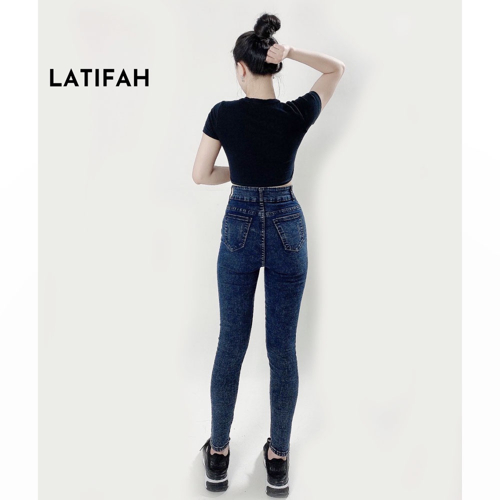 Quần jeans nữ co giãn LATIFAH cạp siêu cao mài xước màu đen xám QD038 phong cách trẻ trung năng động