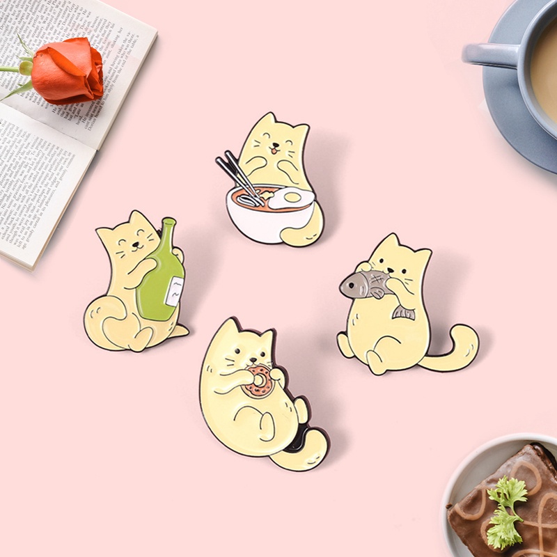 Huy hiệu cài áo hình chú mèo ăn bánh donut dễ thương