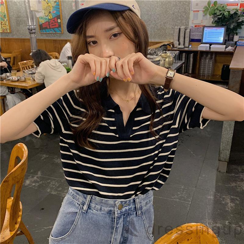 Áo thun polo tay ngắn cổ chữ v họa tiết sọc ngang dành cho nữ | BigBuy360 - bigbuy360.vn