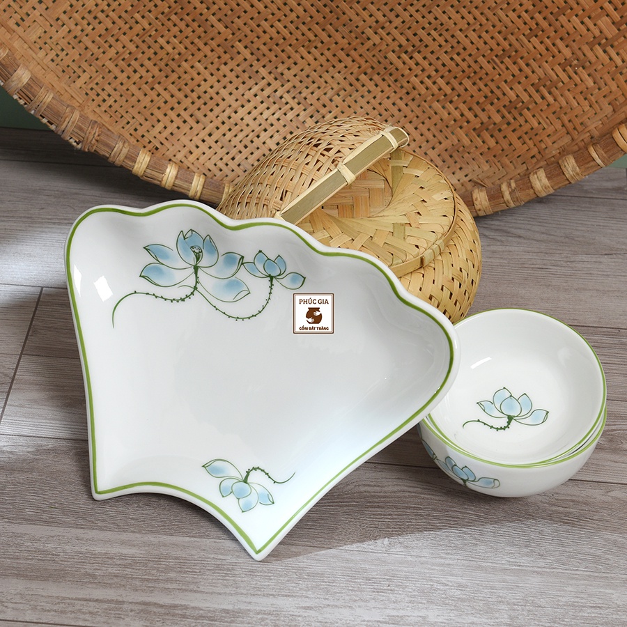 Bộ bát đĩa hoa mặt trời hoạ tiết Hoa sen Gốm sứ Bát tràng cao cấp, Thuyền ngự gà hoa sen sz chuẩn dk 45cm