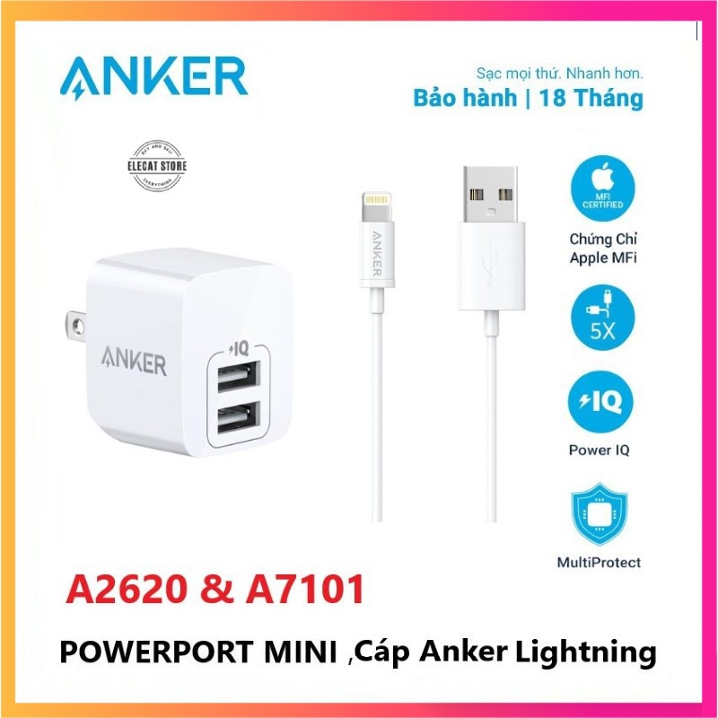 Dây Sạc Anker A7101621 0.9m Được Chứng Nhận MFi / Củ Sạc 2 Cổng Anker PowerPort Mini 12W - A2620 chính hãng