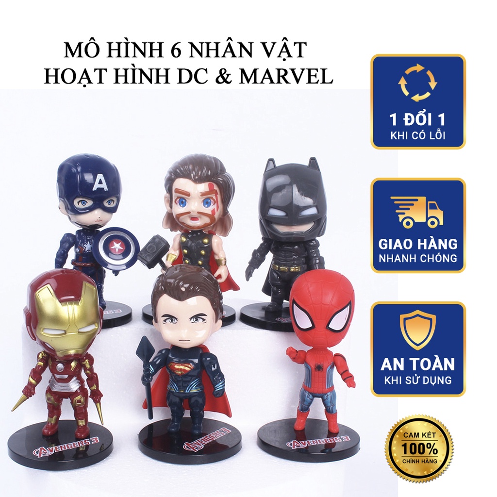 Mô Hình 6 Nhân Vật Siêu Anh Hùng DC Marvel Thần Sấm Thor Người Nhện Spider Man Batman Iron Man Super Man Captain America