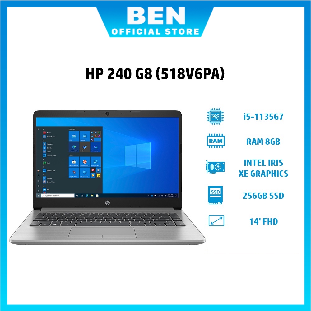 Laptop HP 240 G8 (518V6PA) I5 1135G7 Intel Iris Xe Graphics Ram 8G SSD NVMe 256G 14.0”FHD IPS (Bạc) - Hàng chính hãng