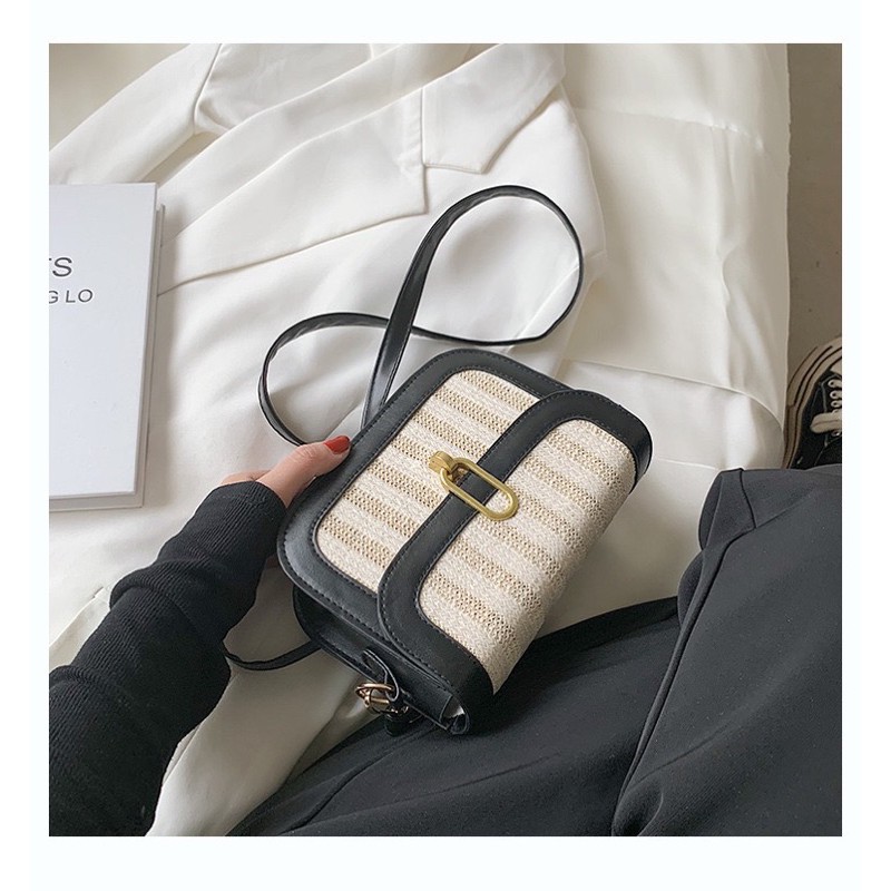 Túi Cói Đeo Chéo Pha Da Dáng Hộp Nắp Gài Phong Cách Giới Trẻ Hàn Quốc [ hàng mới giá tốt]