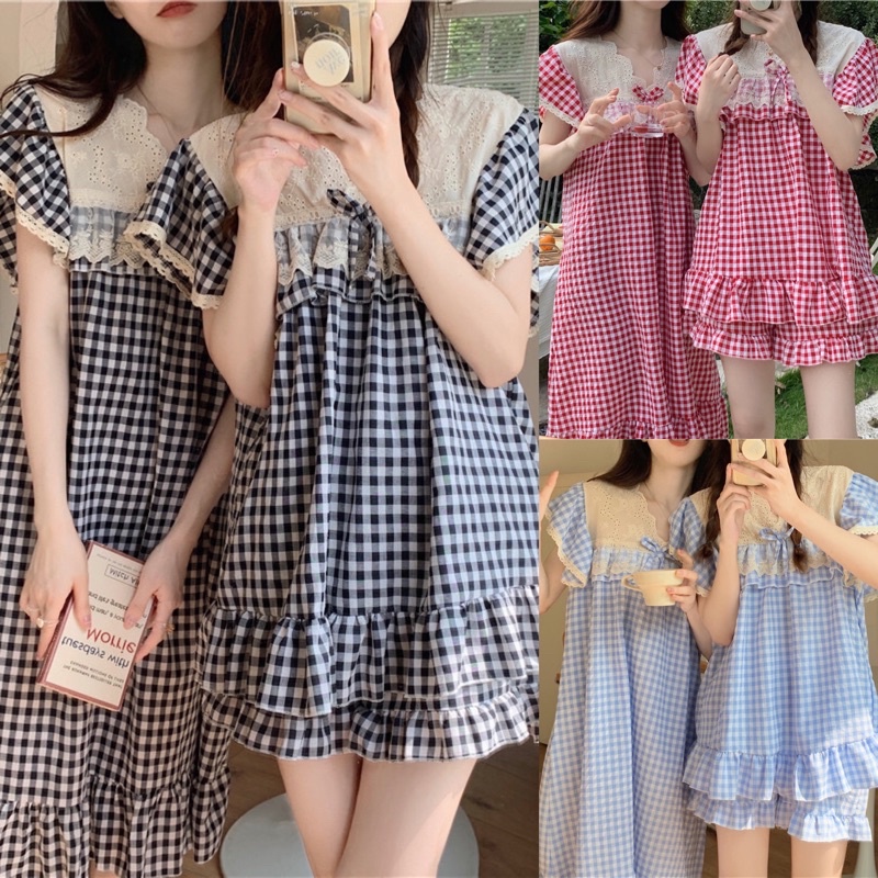 Đồ Ngủ Style Hàn Quốc_ Đồ Bộ Nữ / Váy Mặc Nhà Tiểu Thư Sọc Caro Phối Bèo Công Chúa ULZZANG