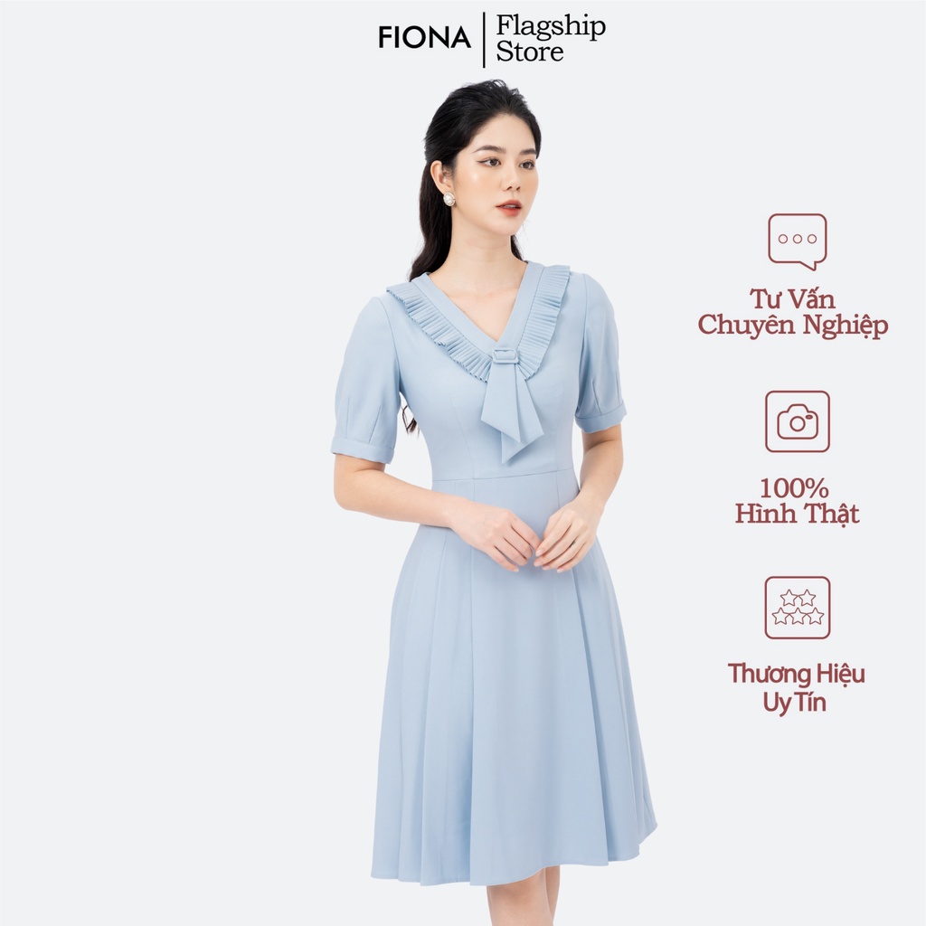 Đầm nữ dáng xòe, đầm công sở thiết kế cổ nẹp V xếp đuôi nơ đính cúc tay ngắn xếp ly FIONA F451407