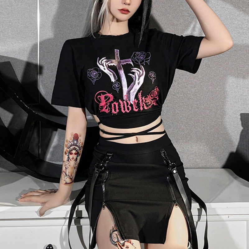 Áo Thun Lửng Dạng Quấn In Họa Tiết Chữ Thập Gợi Cảm Cho Nữ