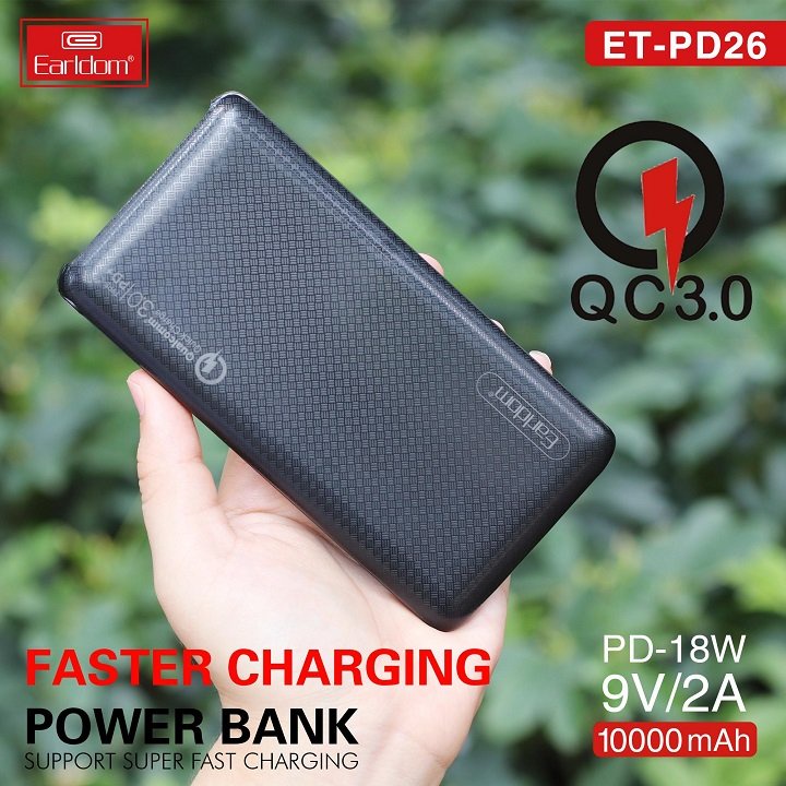 Sạc Dự Phòng 10.000mAh Sạc Nhanh Q.C 3.0 Chính Hãng Earldom PD-26 Bảo Hành 1 Năm