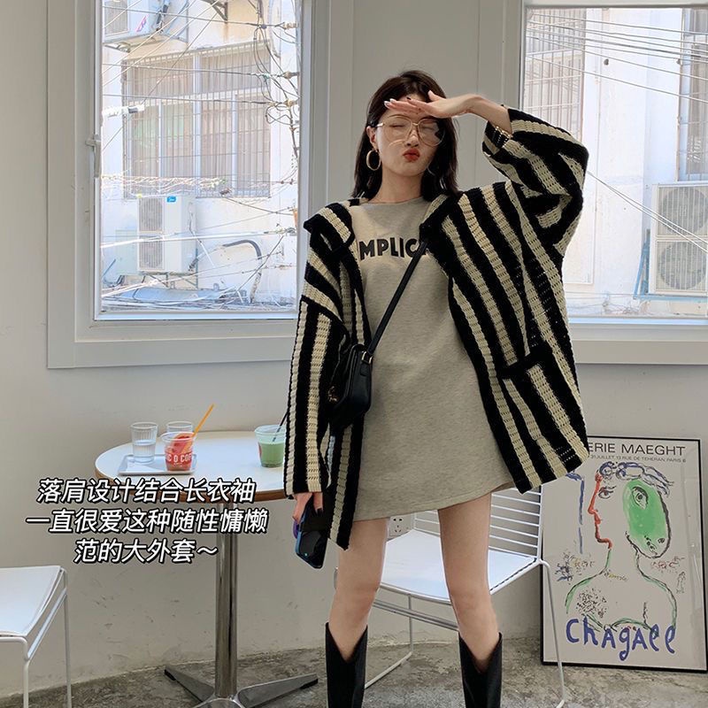 Áo Khoác Cardigan Có Nón Họa Tiết Kẻ Sọc Chất Liệu Dệt Kim Cao Cấp Thời Trang Mùa Xuân Thu Cho Nữ