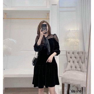 Váy suông nhung đuôi cá phối lưới cổ nơ, đầm xuông rộng dài tay freesize mã V16 - Michi's House