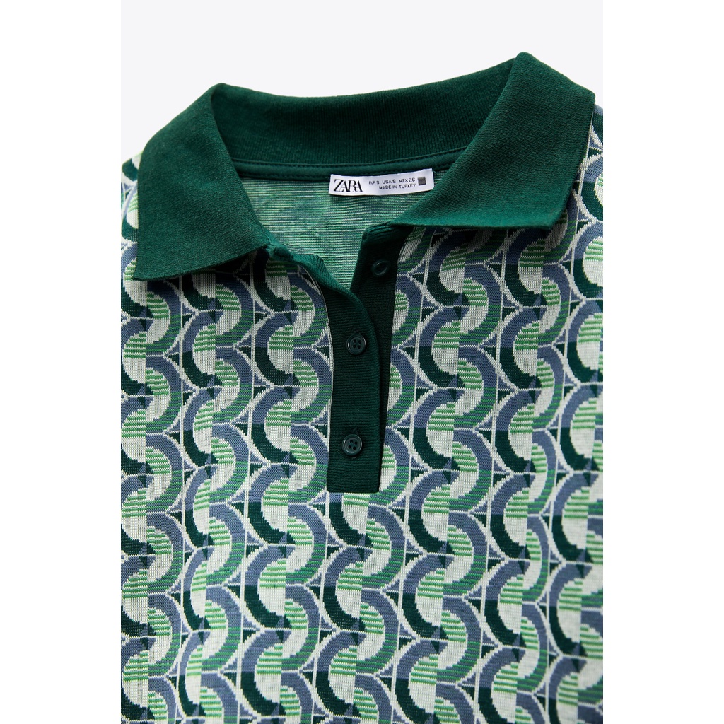 ZARA Đức - Áo Polo vải nổi họa tiết tay dài form ôm nhẹ sang chảnh xanh lá vải thun dày 5584/005