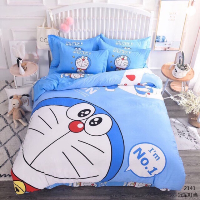 Bộ chăn ga cotton 3D Doraemon xanh siêu xinh(kèm ảnh thật)