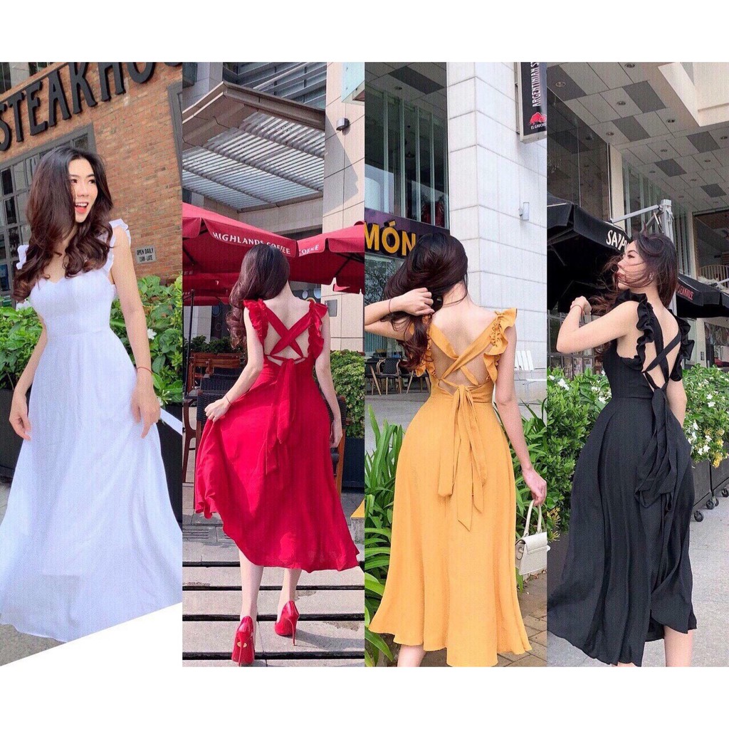 ĐẦM  MAX CÁNH TIÊN DÂY CHÉO LƯNG THẮT NƠ EO MÀU ĐỎ, ĐEN, VÀNG FREE SIZE