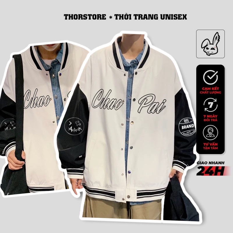 Áo khoác varsity nam nữ,thiết kế kaki lót dù phối tay da thêu chữ Chao