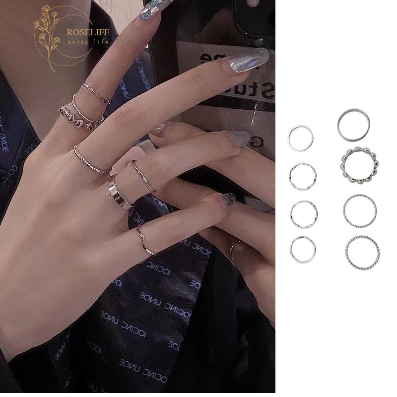 Bộ 8 Nhẫn Kiểu Dáng Hình Học Đơn Giản Phong Cách Hàn Quốc Cá Tính