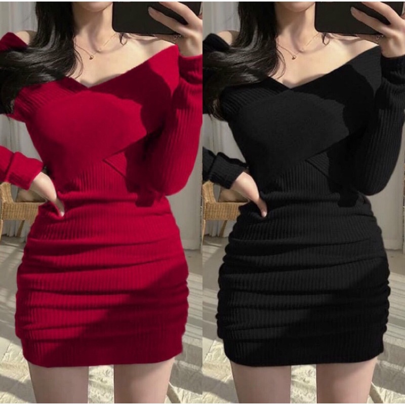 Đầm váy nữ trễ vai tay dài nhún sườn dáng ôm body sang chảnh, tôn dáng