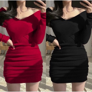 [Yêu thích] Đầm váy nữ trễ vai tay dài nhún sườn dáng ôm body sang chảnh, tôn dáng