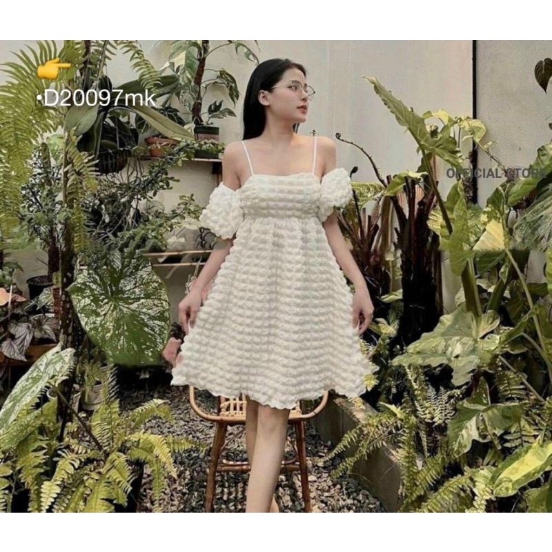 Đầm 2 Dây Babydoll Ulzzang Váy Xốp Trễ Vai Form Rộng Tay Bồng Tiểu Thư D35097X