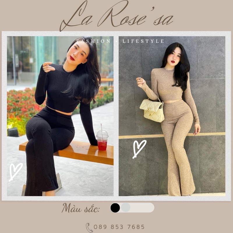 Set Áo Croptop Tay Dài Quần Ống Loe, Set Bộ Áo Croptop Tay Dài
