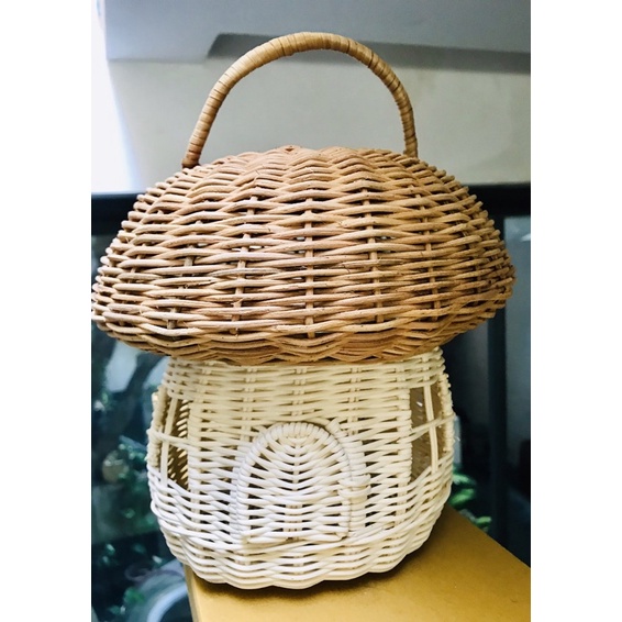 Nhà nấm bằng mây có quai trang trí phòng, chụp ảnh cho bé, đèn ngủ nấm, đồ chơi cho bé, giỏ mây đựng đồ
