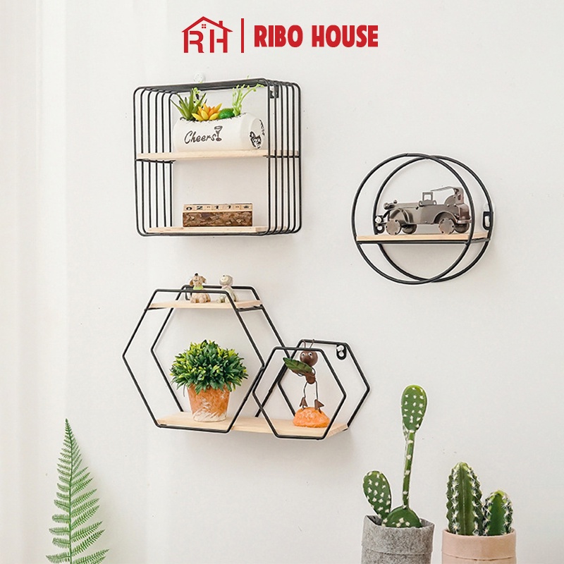 Kệ decor lục giác RIBO HOUSE khung kim loại pha gỗ treo tường trang trí nhà cửa, để đồ siêu xinh RIBO171