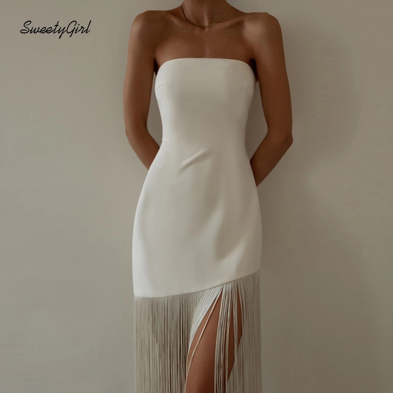 Đầm Ôm Không Tay Hở Vai Màu Trơn Phối Tua Rua Dành Cho Nữ