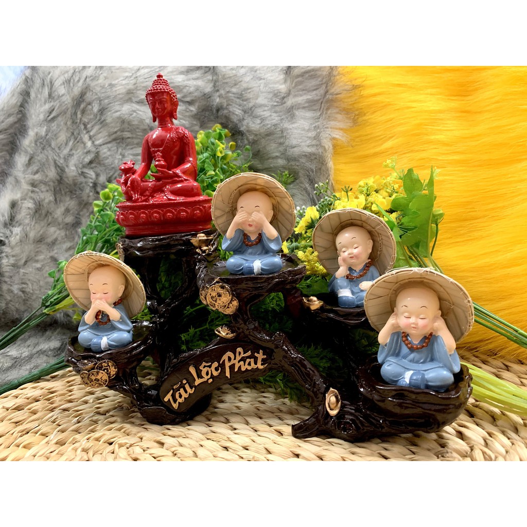 Tượng Phật Thích Ca và các chú tiểu tứ không nón lá tọa đế Tài Lộc Phát