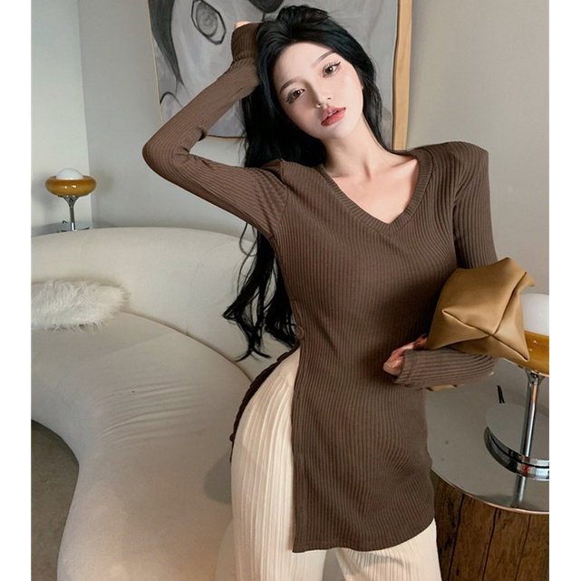 Áo kiểu tay dài dệt kim ôm vừa vặn thời trang dành cho nữ