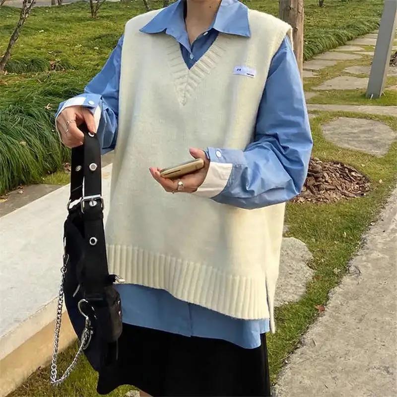 Áo sweater không tay cổ chữ V dáng rộng năng động thời trang phong cách Nhật Hàn