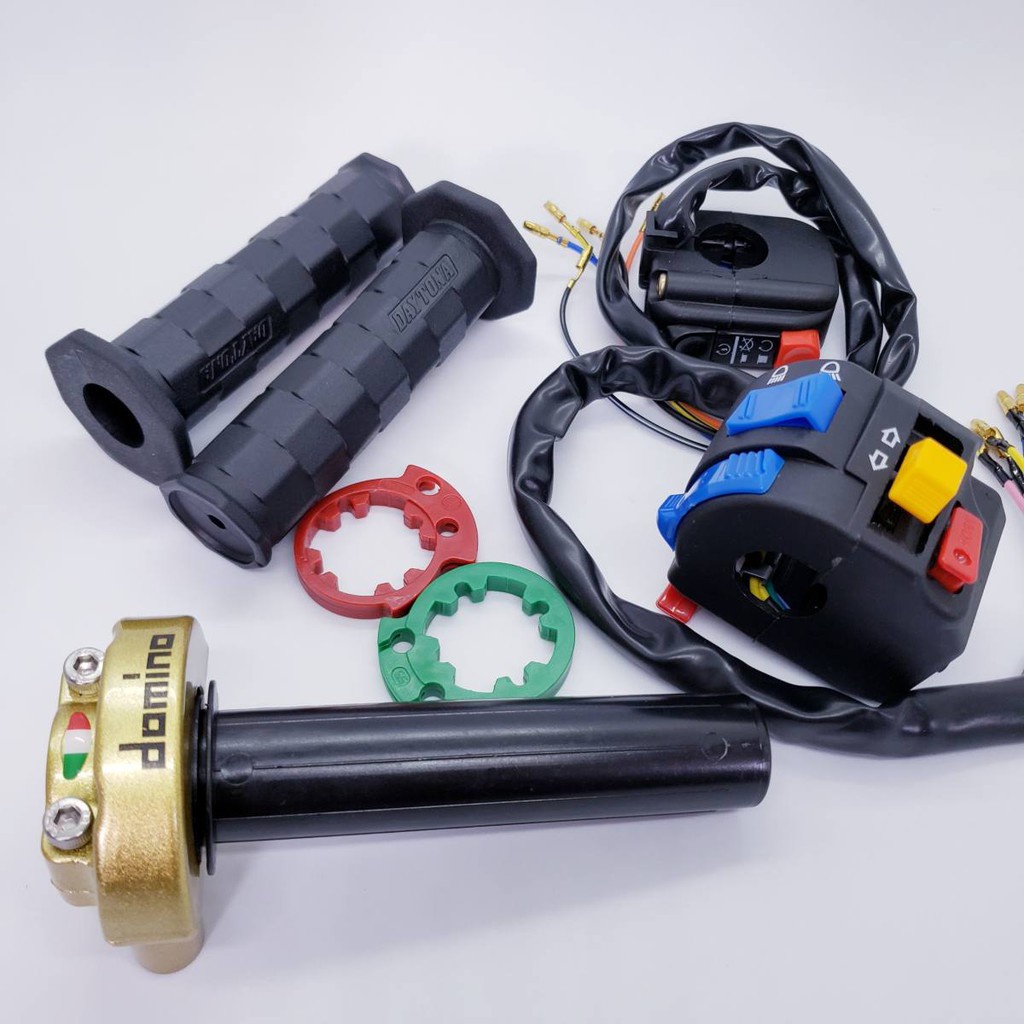 Combo cùm tăng tốc domino 2 dây ga, cùm công tắc fz passing trái phải, 2 bao tay daytona cao cấp gắn xe máy, màu vàng