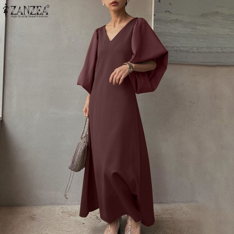 ZANZEA Đầm Maxi ZANZEA Cổ Chữ V Tay Phồng Màu Trơn Nữ Tính DỄ Thương | BigBuy360 - bigbuy360.vn