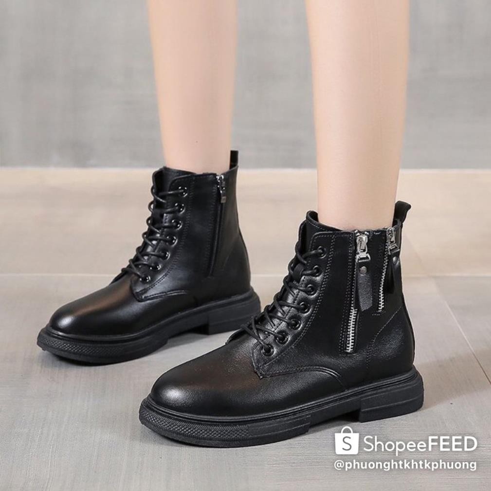 Giày Boots Nữ, Boots Nữ Cổ Thấp 3cm  Hai Khóa Hot Hit Siêu Đẹp Hai Màu Đen Kem Minhtushoes Giày Nữ Cao cấp | BigBuy360 - bigbuy360.vn