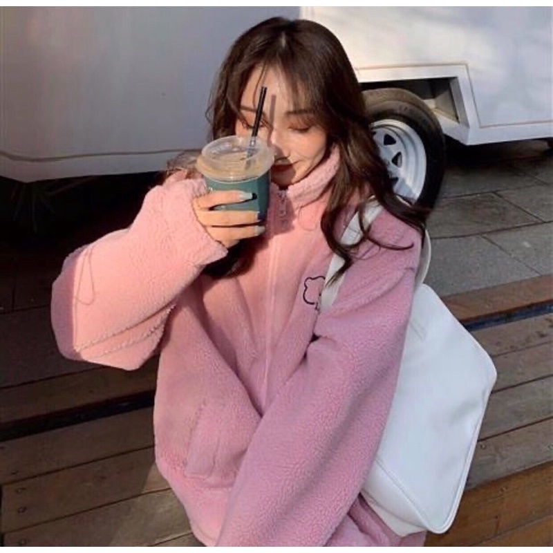 Áo Khoác Lông Cừu Thêu Gấu Nữ [FREESHIP] 🌸 Jacket nỉ bông form rộng tay bồng siêu ấm màu HỒNG | VÀNG | NÂU Ulzzang 🌸 | BigBuy360 - bigbuy360.vn
